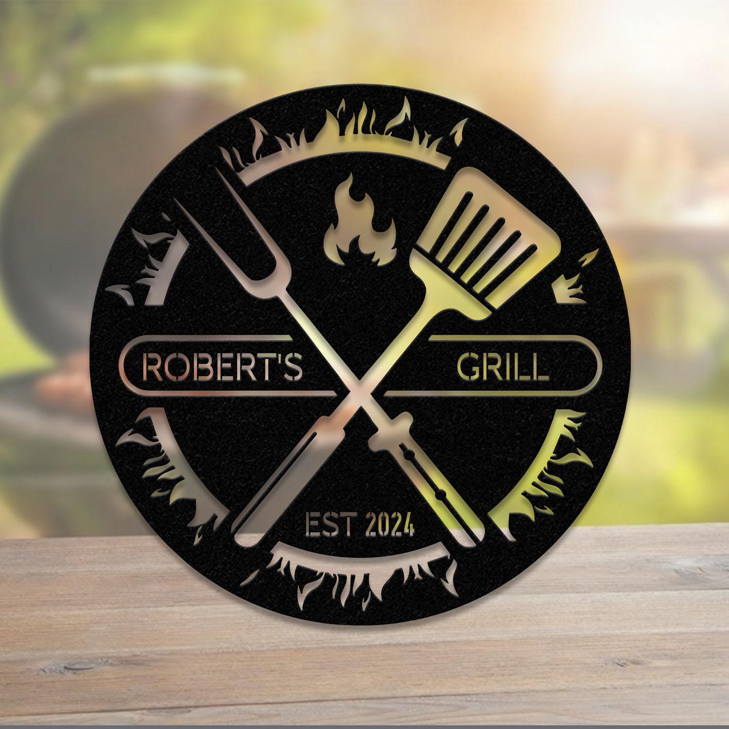 Custom BBQ Sign with Led Light, Personalized Metal Wall Decor, Round Metal Sign, Outdoor Kitchen Wall Art, Backyard Barbeque Sign
