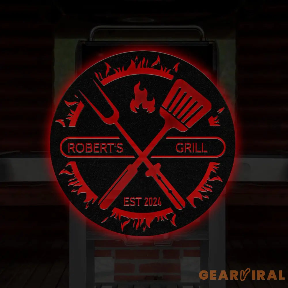 Custom BBQ Sign with Led Light Personalized Metal Wall Decor Round Metal Sign Outdoor Kitchen Wall Art Backyard