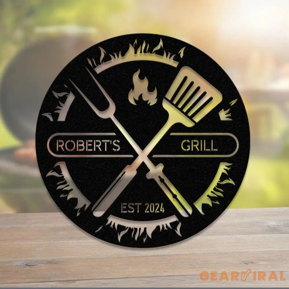Custom BBQ Sign with Led Light Personalized Metal Wall Decor Round Metal Sign Outdoor Kitchen Wall Art Backyard
