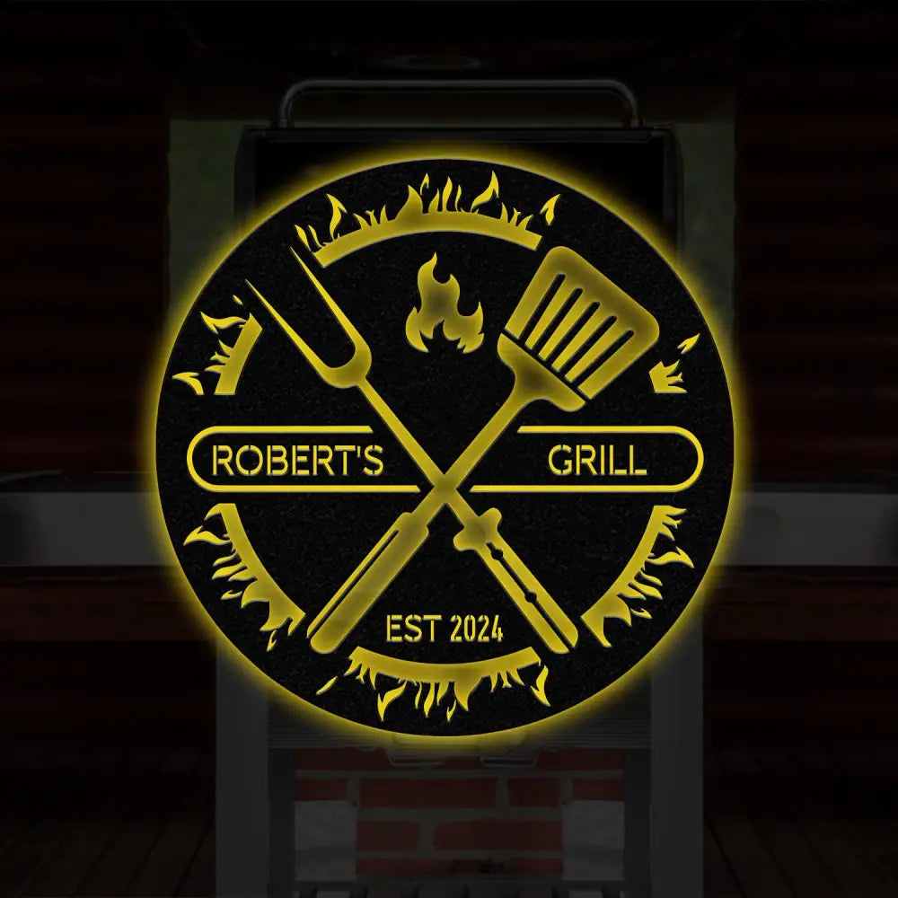Custom BBQ Sign with Led Light Personalized Metal Wall Decor Round Metal Sign Outdoor Kitchen Wall Art Backyard