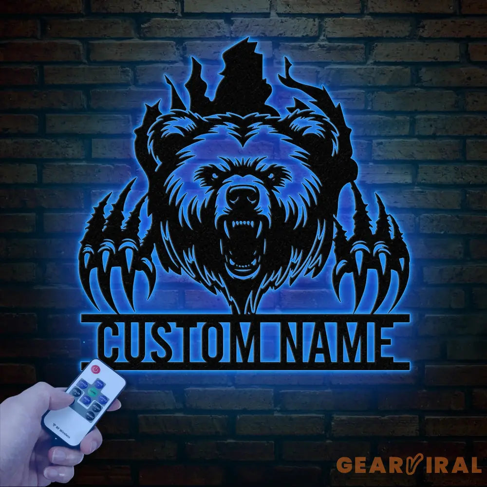 Custom Bear Claw Metal Sign with LED Light Personalized Angry Bear Name Sign Bear Roar Wild Animal Bedroom Decoration