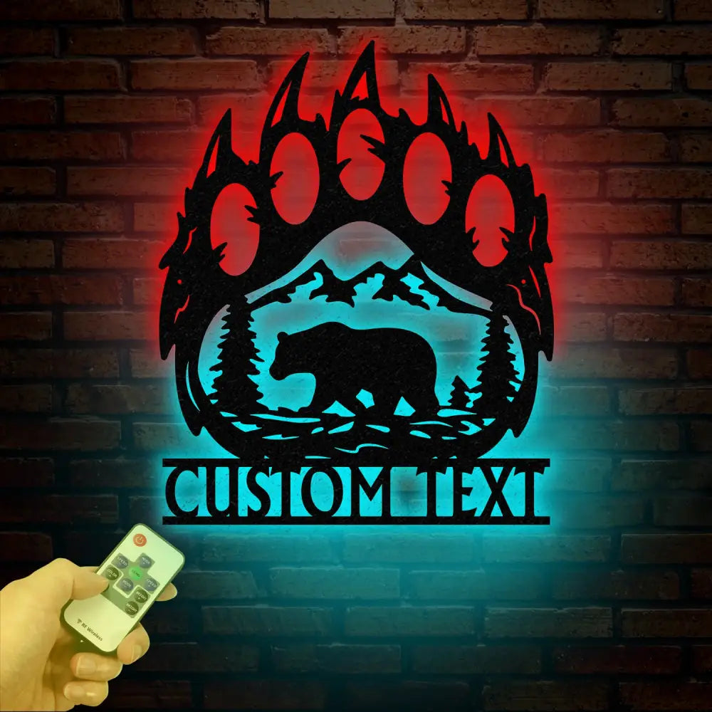 Custom Bear Hand Sign with Led Light Mountain Decor Personalized Metal Bear Sign Cabin Decor Outdoor Bear Decor Rustic