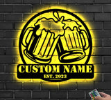 Custom Beer Bar Metal Wall Art LED Light Personalized Beer Mug Cheers Name Sign Home Decor Alcohol Drink Bar Pub