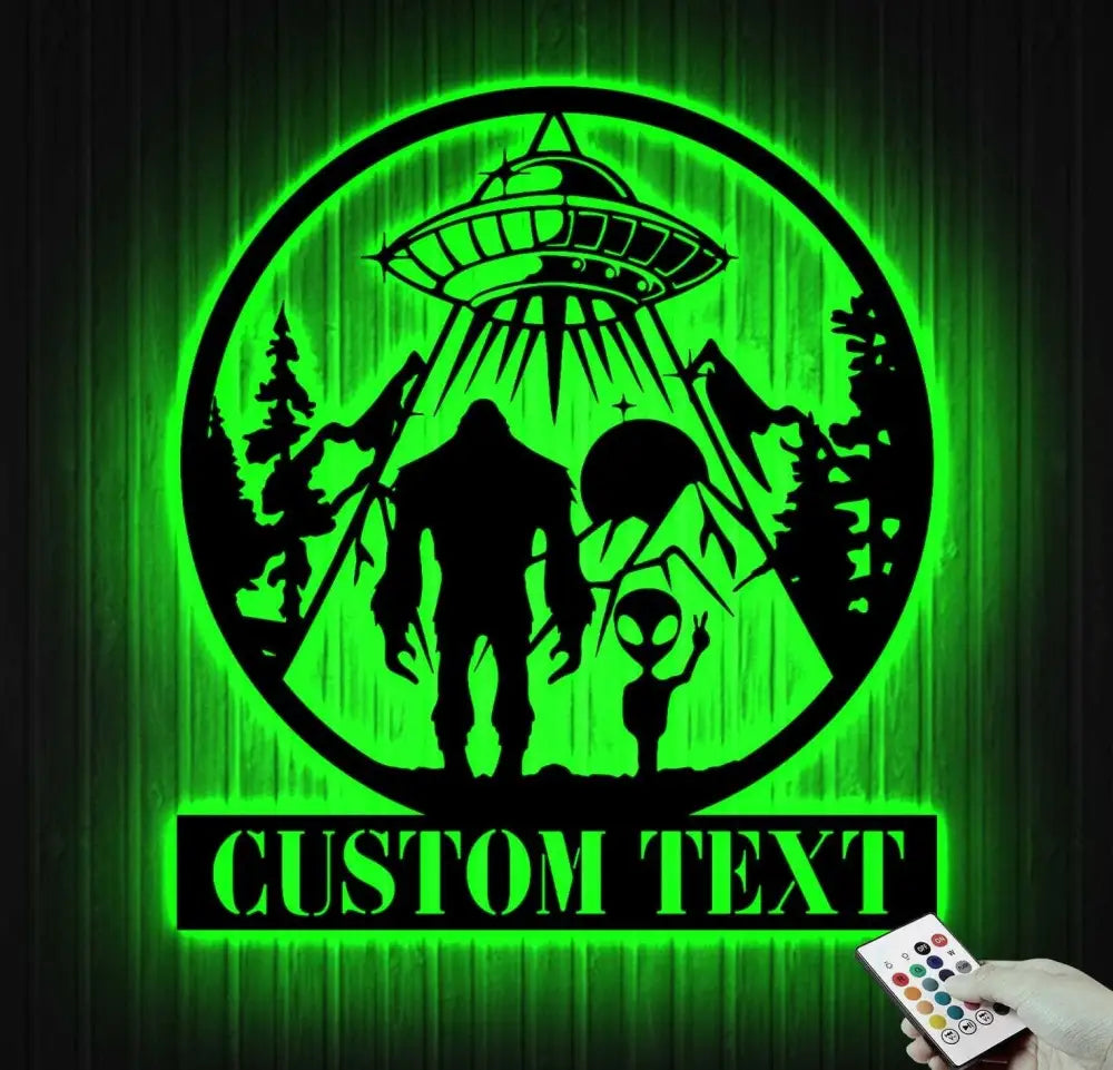 Custom Bigfoot Alien UFO Metal Wall Art Led Light - Personalized Sasquatch Name Sign Decor - UFO lover gift - alien