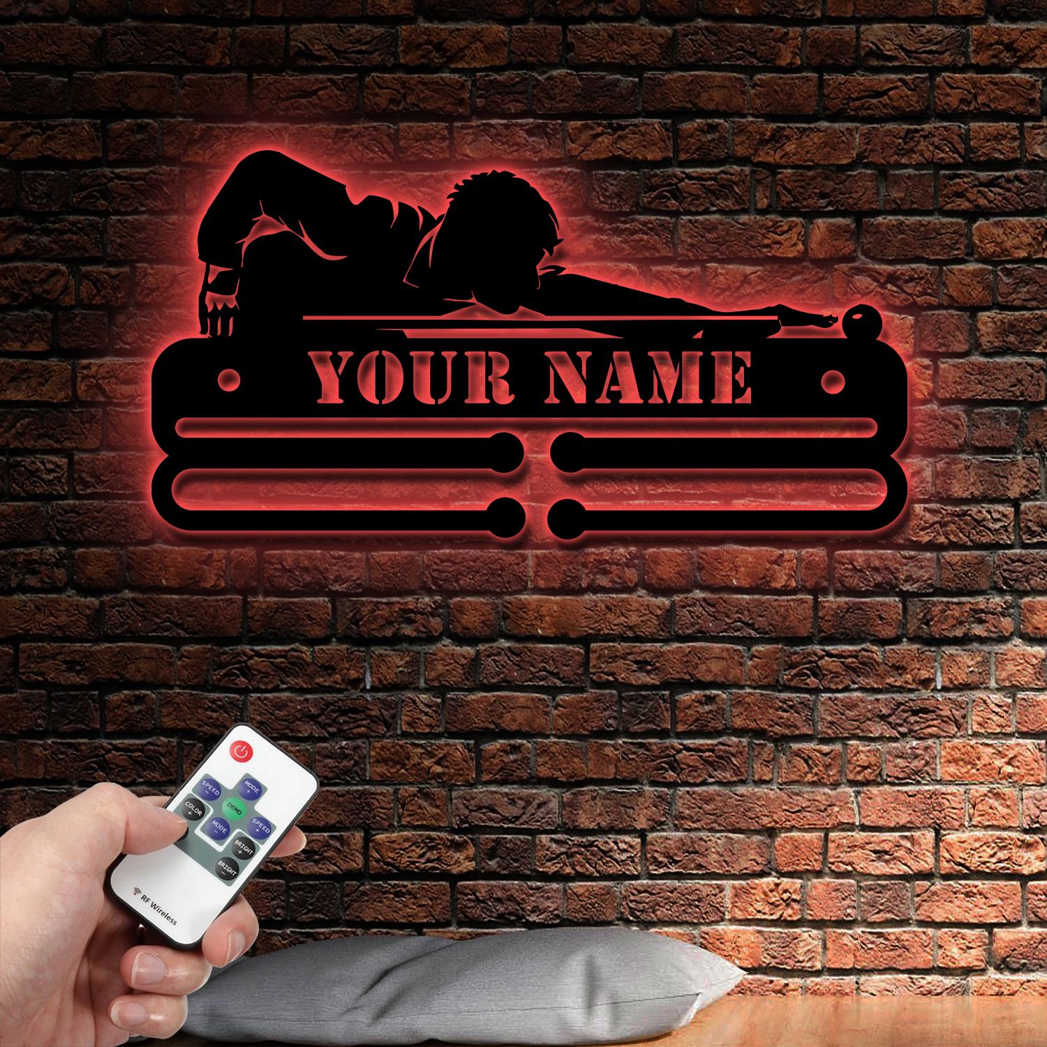 Custom Billiards Medal Hanger With Led Light, Personalized Billiard Name Metal Sign, Sport Metal Holder Light, Home Metal Wall Decor
