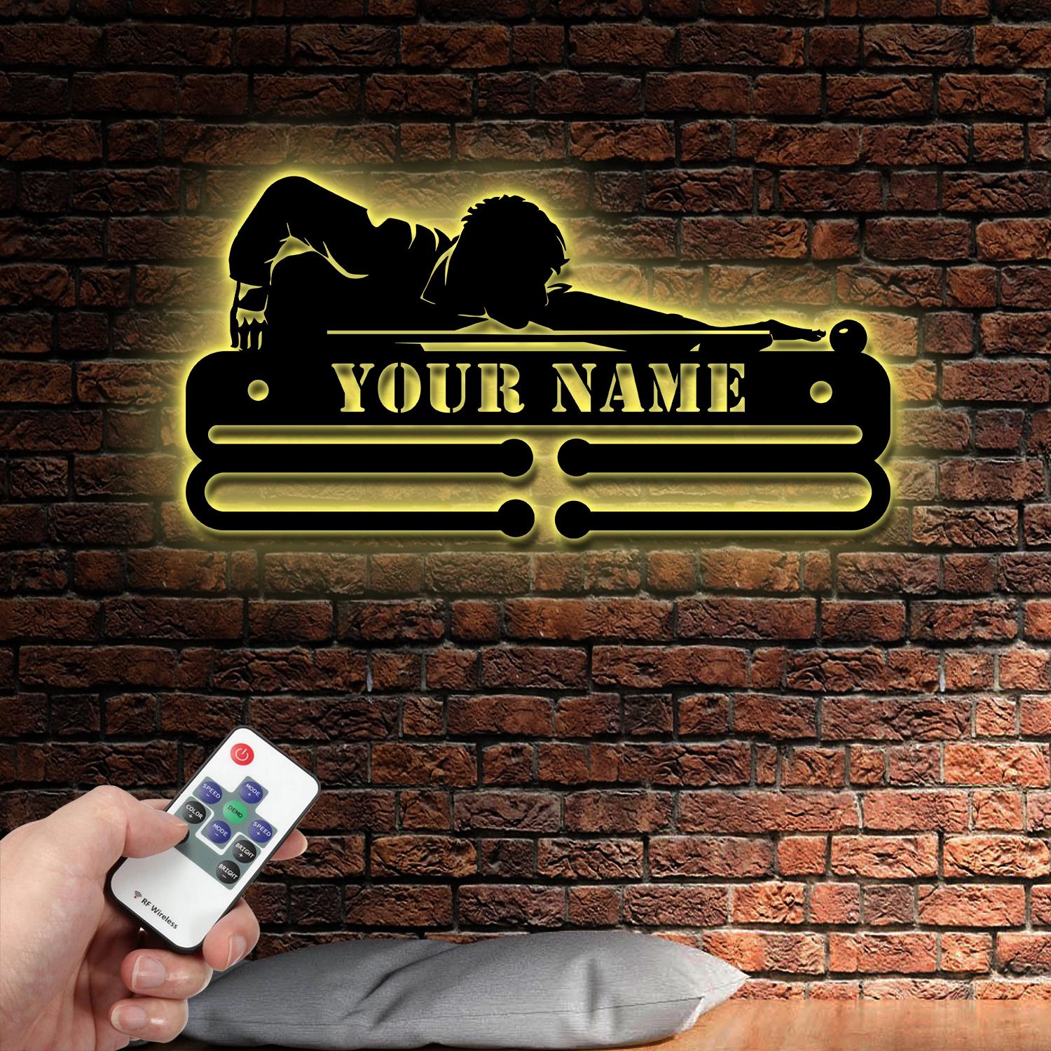 Custom Billiards Medal Hanger With Led Light, Personalized Billiard Name Metal Sign, Sport Metal Holder Light, Home Metal Wall Decor