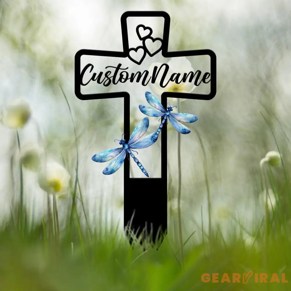Custom Blue Dragonfly Memorial Cross Plaque Stake Personalized Cross with Hearts Grave Marker Cemetery Stake In Memory