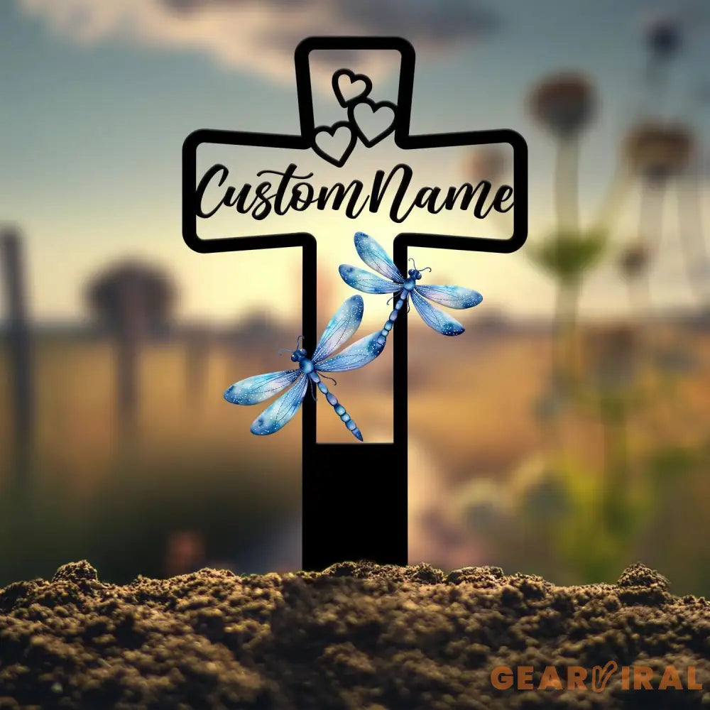 Custom Blue Dragonfly Memorial Cross Plaque Stake Personalized Cross with Hearts Grave Marker Cemetery Stake In Memory