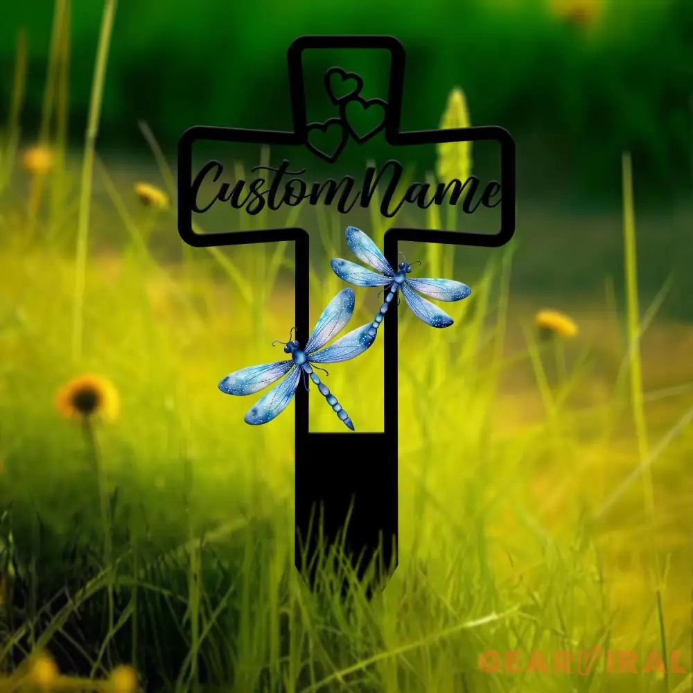 Custom Blue Dragonfly Memorial Cross Plaque Stake Personalized Cross with Hearts Grave Marker Cemetery Stake In Memory