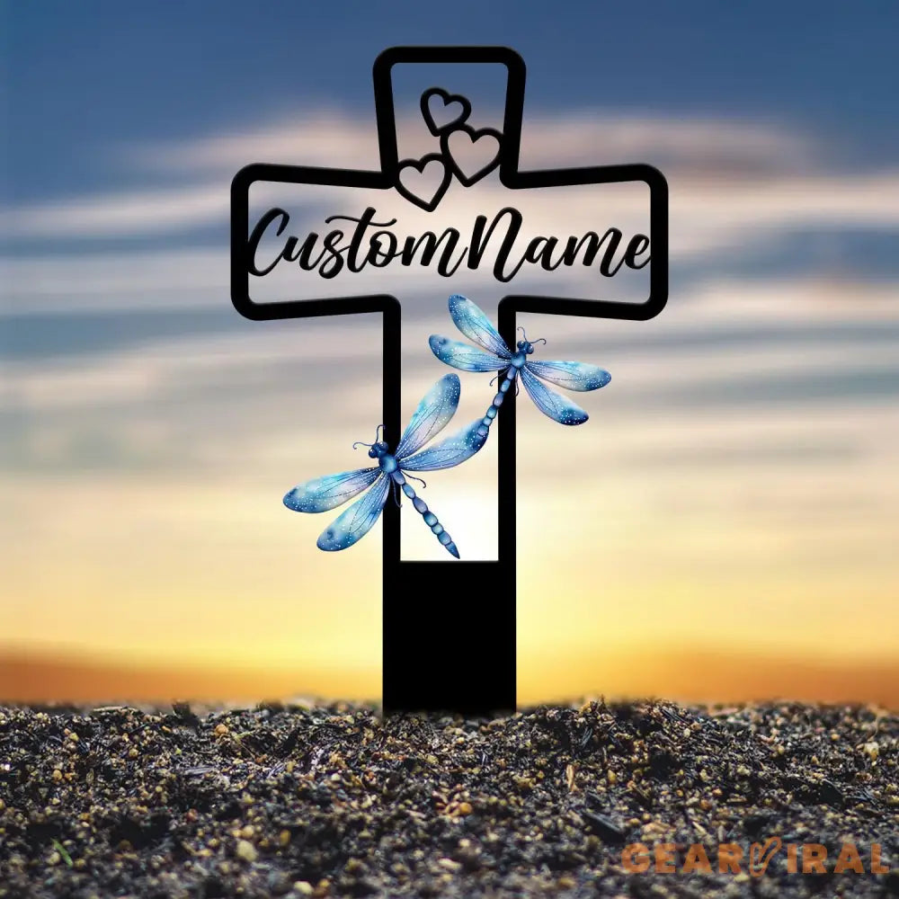 Custom Blue Dragonfly Memorial Cross Plaque Stake Personalized Cross with Hearts Grave Marker Cemetery Stake In Memory