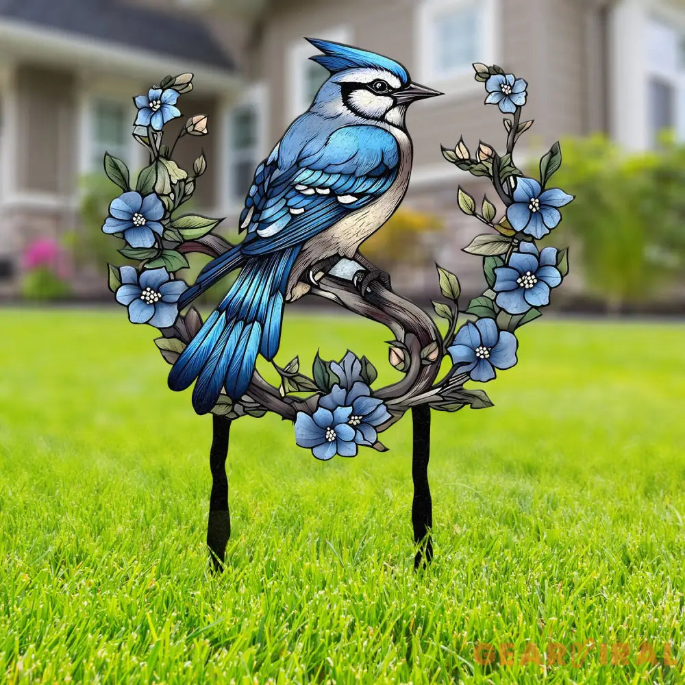 Custom Blue Jay Bird Garden Sign Personalized Metal Garden Decor Metal Bird Stake Blue Jay Bird Stake Gift For Gardener