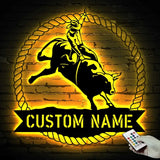Custom Bull Rider Metal Wall Art LED Light - Bull Rider Gift - Home Decor Cowboy Riding Bull Decoration - Personalized