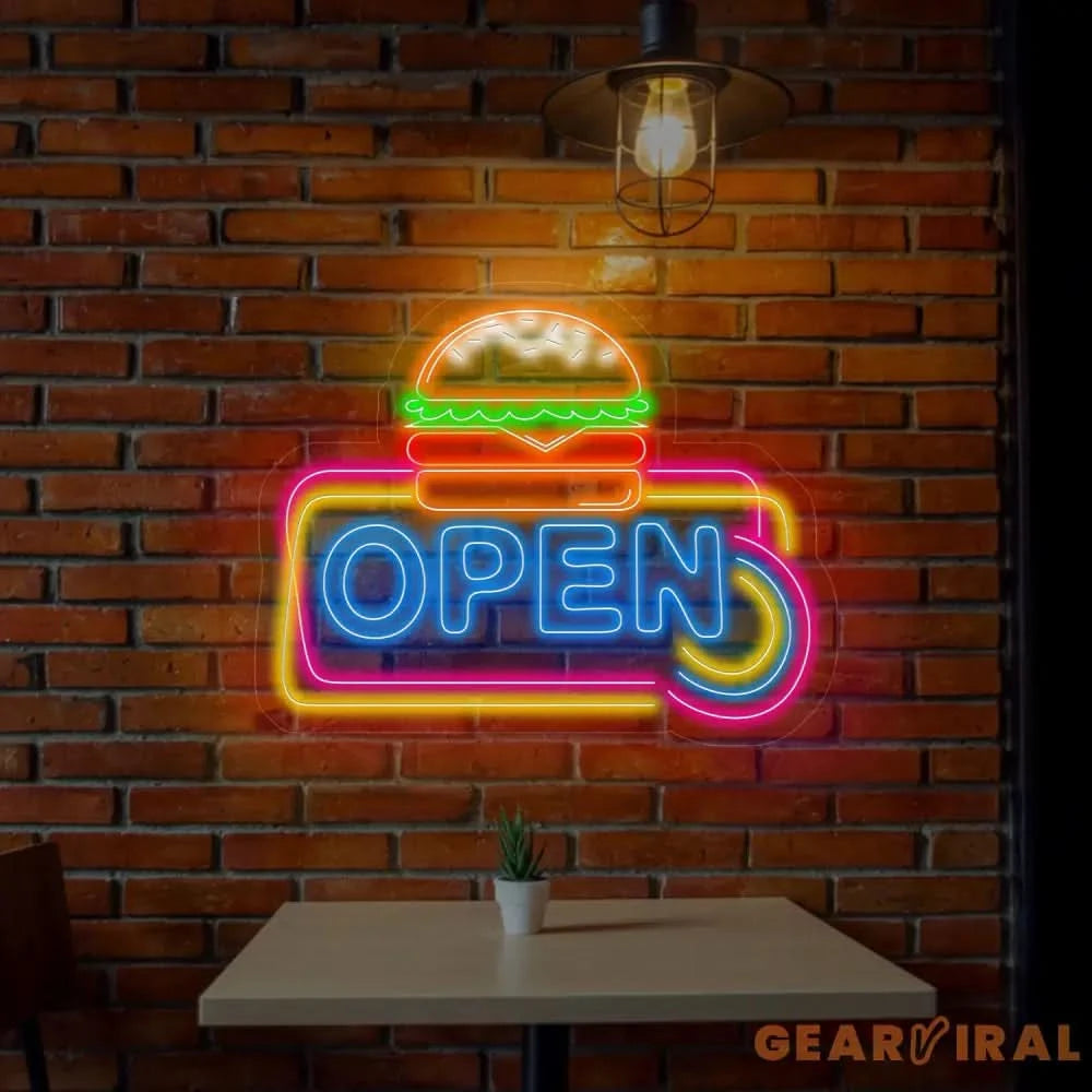 Custom Burger Open Neon Sign Open Hamburger Led Sign Restaurant Sign Kitchen neon sign Led Neon Sign Neon Light sign