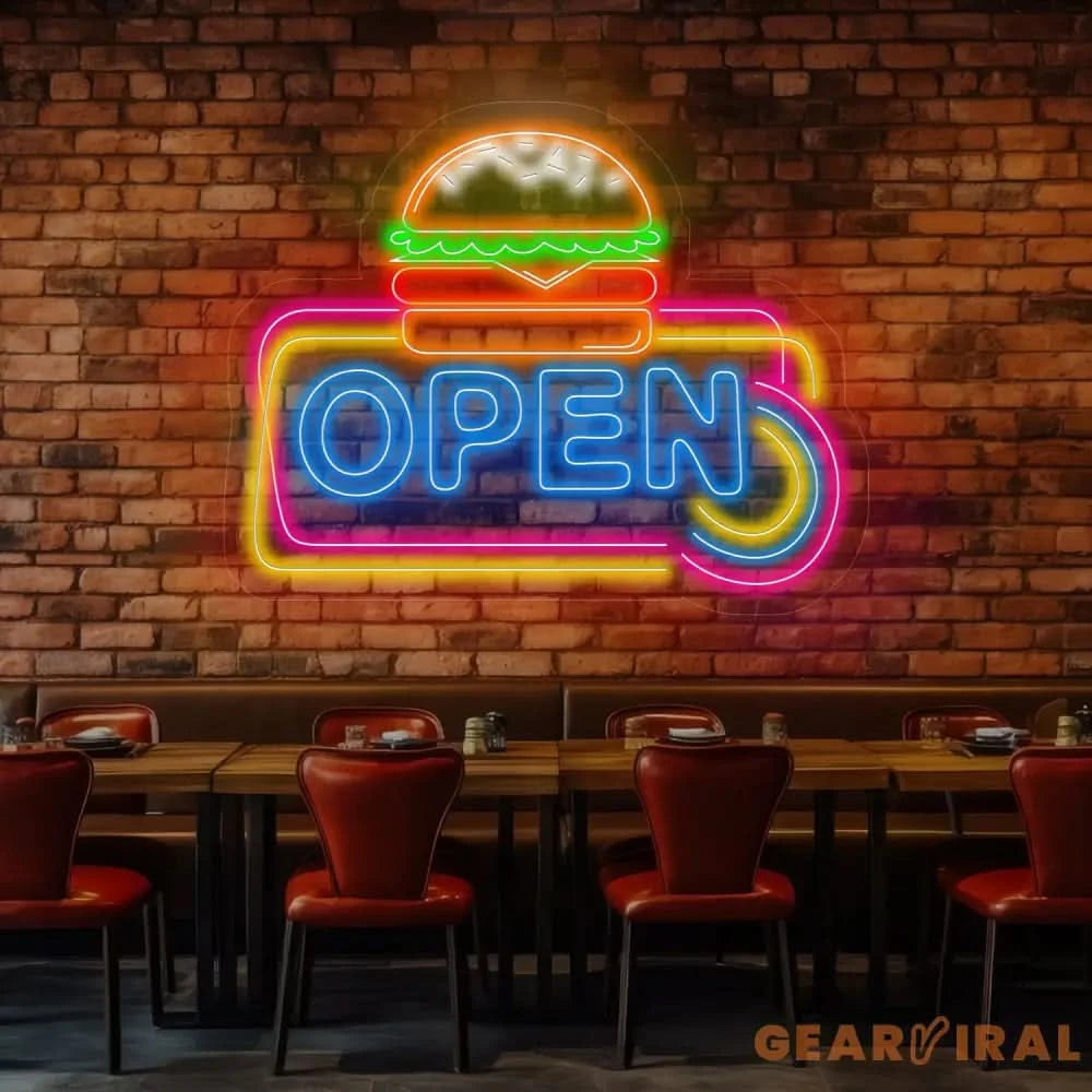 Custom Burger Open Neon Sign Open Hamburger Led Sign Restaurant Sign Kitchen neon sign Led Neon Sign Neon Light sign