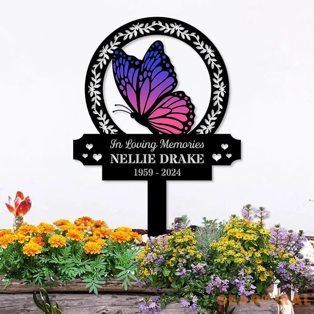Custom Butterfly & Flowers Stake Metal Sign Memorial Plaque Buffterfly Grave Marker Personalized Garden Sign