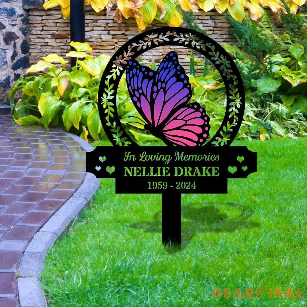 Custom Butterfly & Flowers Stake Metal Sign Memorial Plaque Buffterfly Grave Marker Personalized Garden Sign