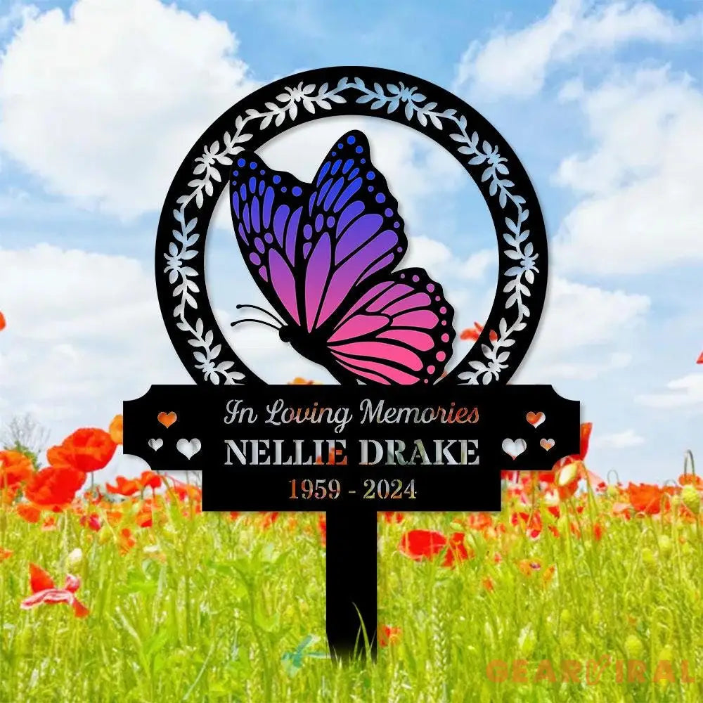 Custom Butterfly & Flowers Stake Metal Sign Memorial Plaque Buffterfly Grave Marker Personalized Garden Sign