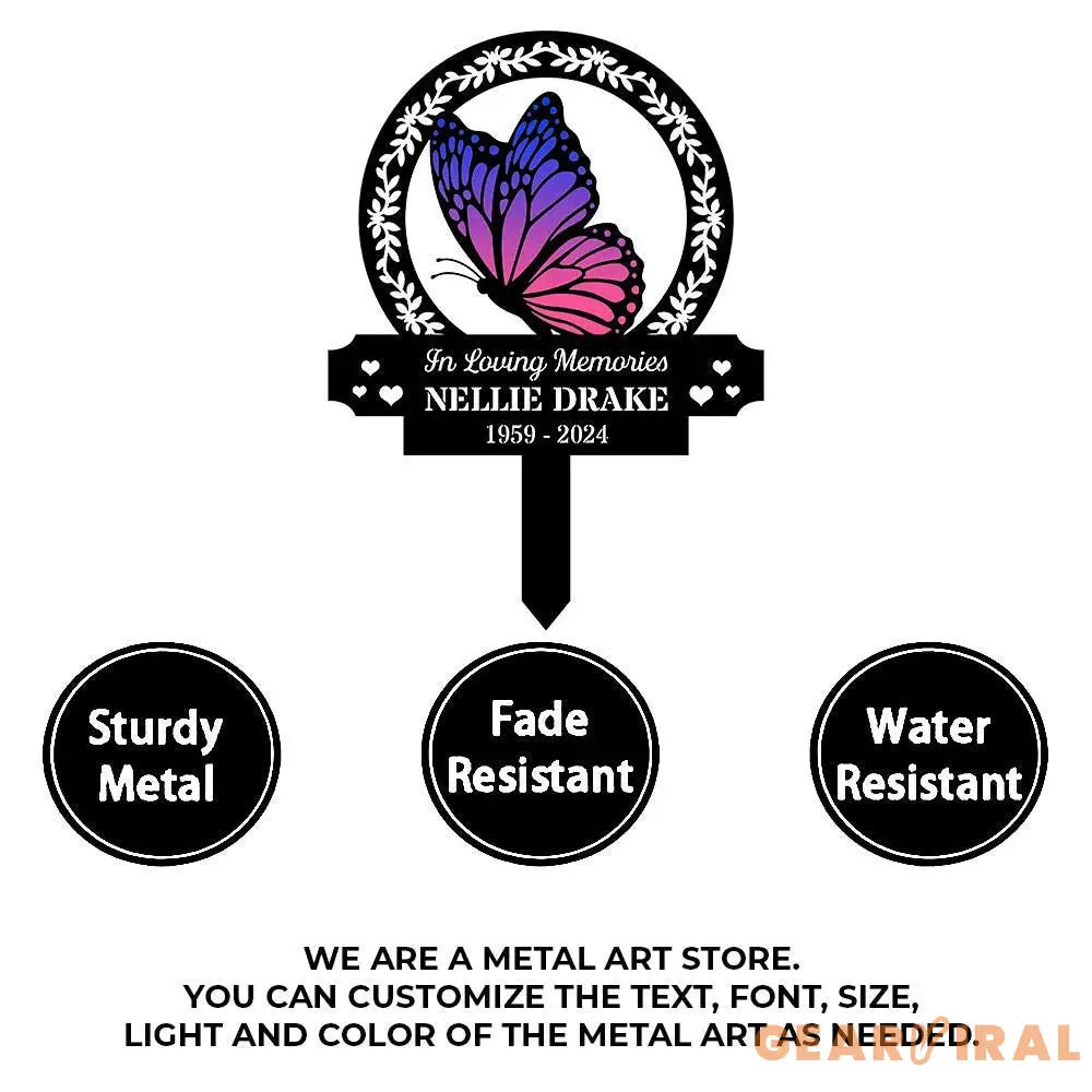 Custom Butterfly & Flowers Stake Metal Sign Memorial Plaque Buffterfly Grave Marker Personalized Garden Sign