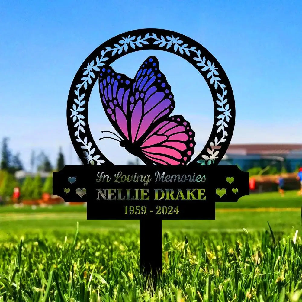 Custom Butterfly & Flowers Stake Metal Sign Memorial Plaque Buffterfly Grave Marker Personalized Garden Sign