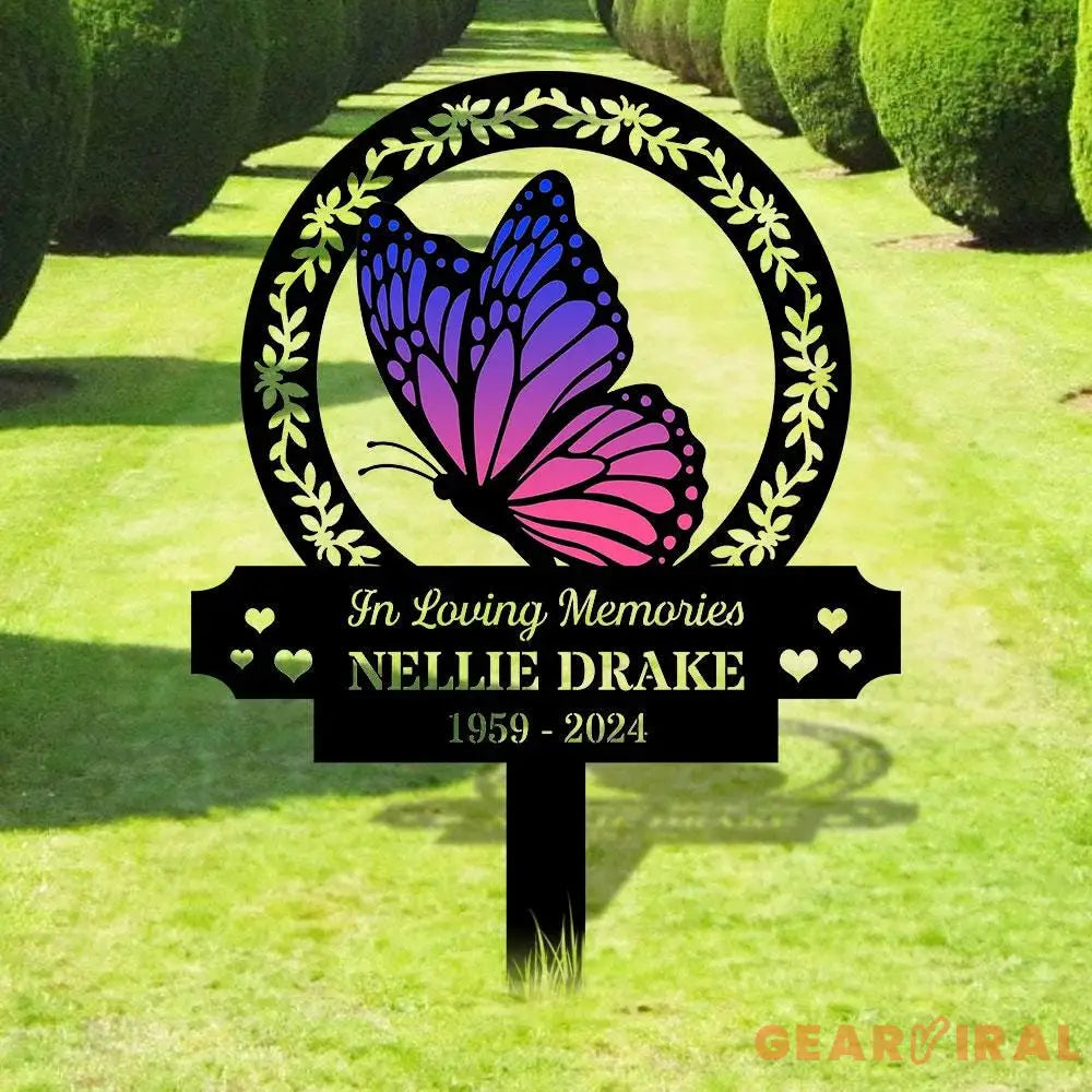 Custom Butterfly & Flowers Stake Metal Sign Memorial Plaque Buffterfly Grave Marker Personalized Garden Sign