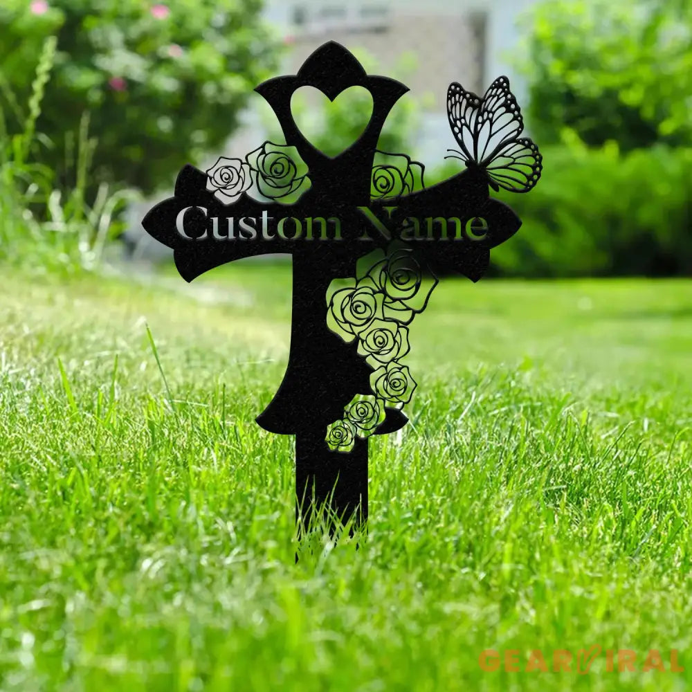 Custom Butterfly Memorial Cross Stake Metal Cross with Hearts Butterfly Garden Stakes Grave Marker Mother’s Day Gift In