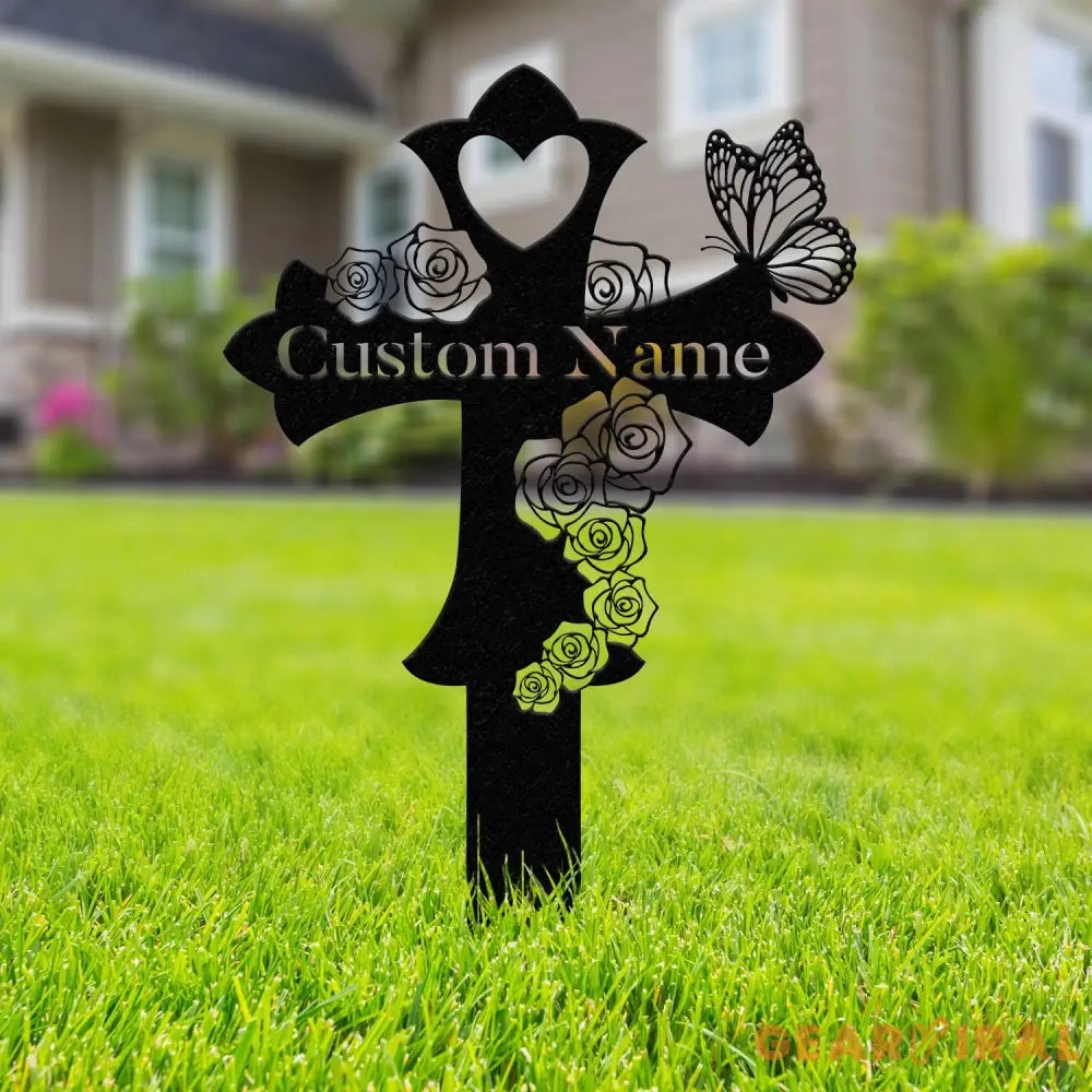 Custom Butterfly Memorial Cross Stake Metal Cross with Hearts Butterfly Garden Stakes Grave Marker Mother’s Day Gift In
