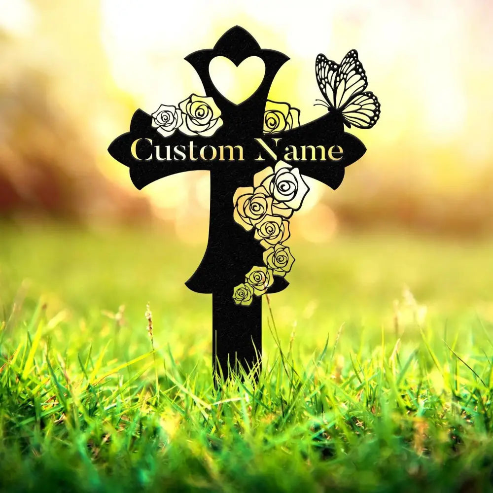 Custom Butterfly Memorial Cross Stake Metal Cross with Hearts Butterfly Garden Stakes Grave Marker Mother’s Day Gift In