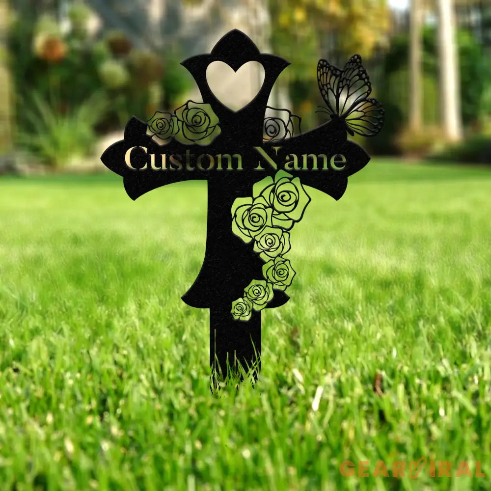 Custom Butterfly Memorial Cross Stake Metal Cross with Hearts Butterfly Garden Stakes Grave Marker Mother’s Day Gift In