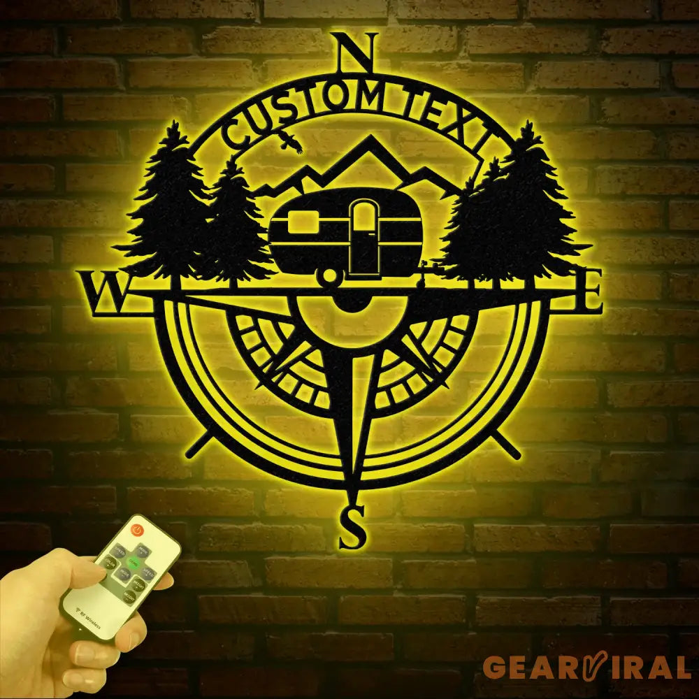 Custom Caravan Compass Metal Wall Art with LED Light Personalized Camper Name Sign Caravan Camping Metal Decor LED Room