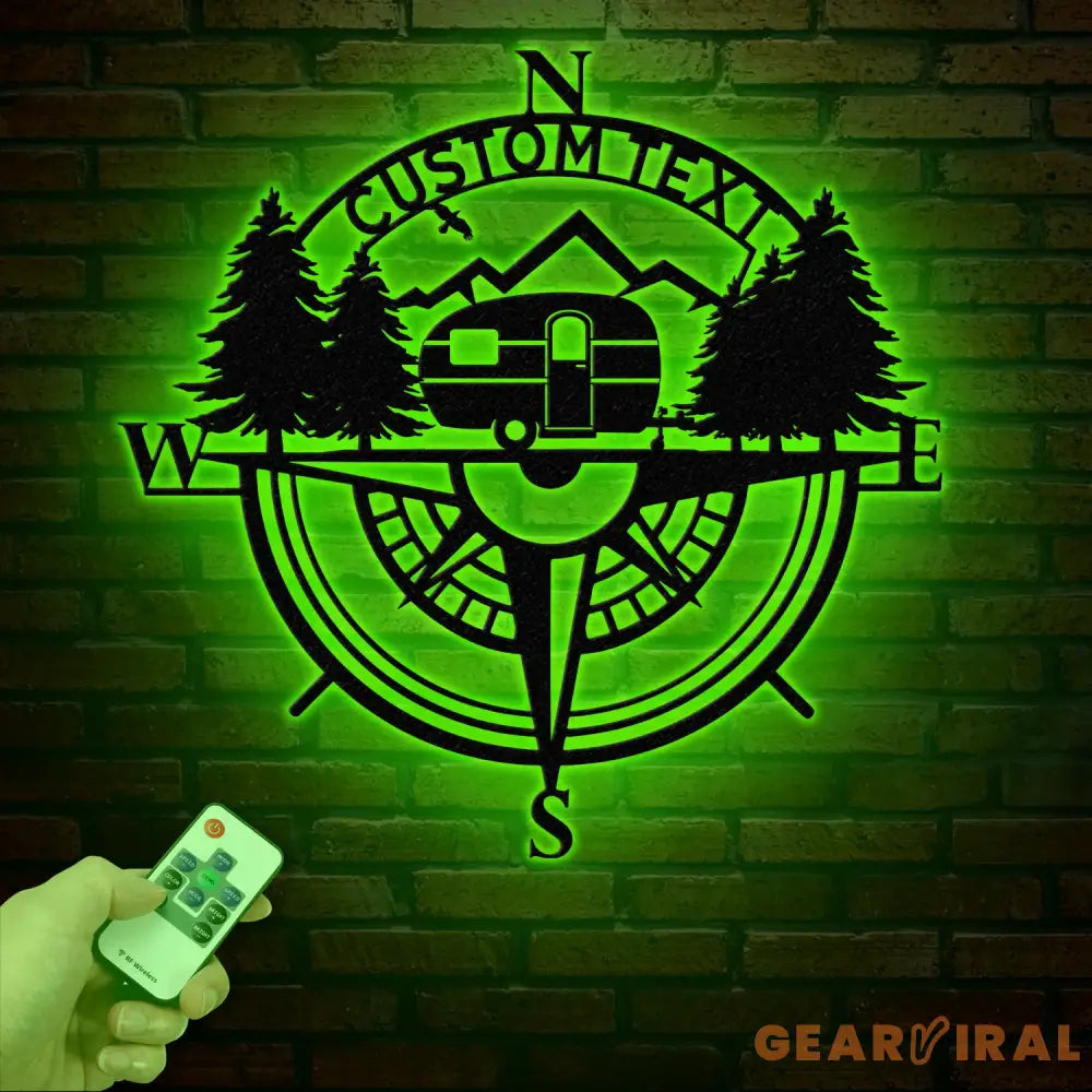 Custom Caravan Compass Metal Wall Art with LED Light Personalized Camper Name Sign Caravan Camping Metal Decor LED Room