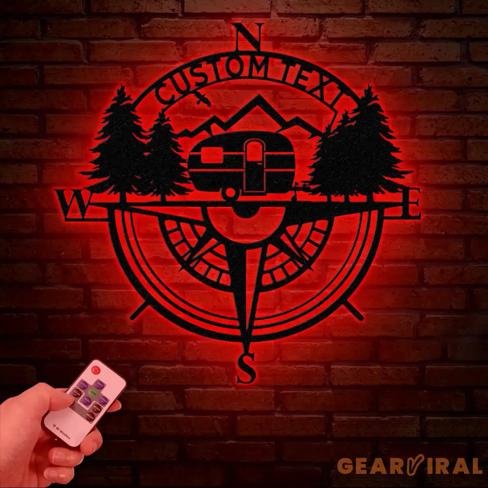 Custom Caravan Compass Metal Wall Art with LED Light Personalized Camper Name Sign Caravan Camping Metal Decor LED Room