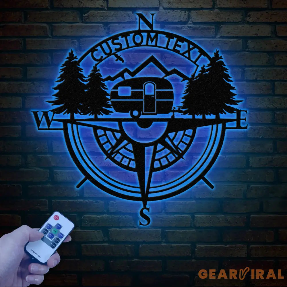 Custom Caravan Compass Metal Wall Art with LED Light Personalized Camper Name Sign Caravan Camping Metal Decor LED Room