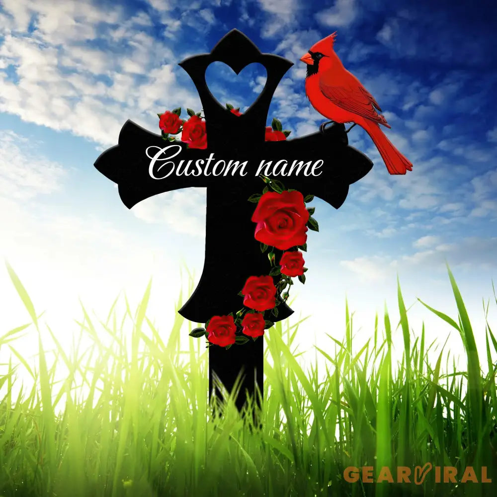 Custom Cardinal Cross Memorial Plaque Stake Cardinal Name Sign Grave Marker Sign Sympathy Plaque Garden Metal Stake