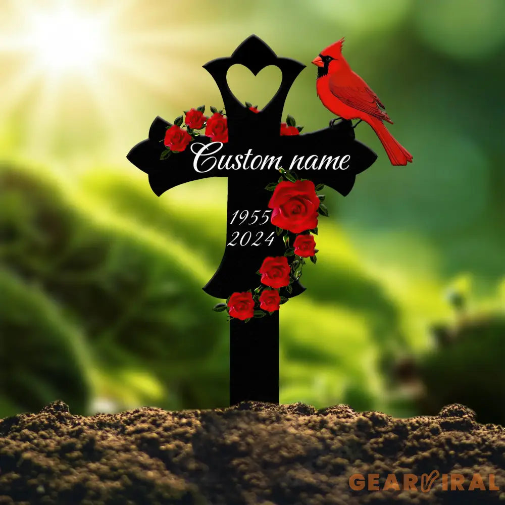 Custom Cardinal & Rose Memorial Cross Stake In Memory Cross Grave Marker Custom Cross Stake Sympathy Gift Remembrance