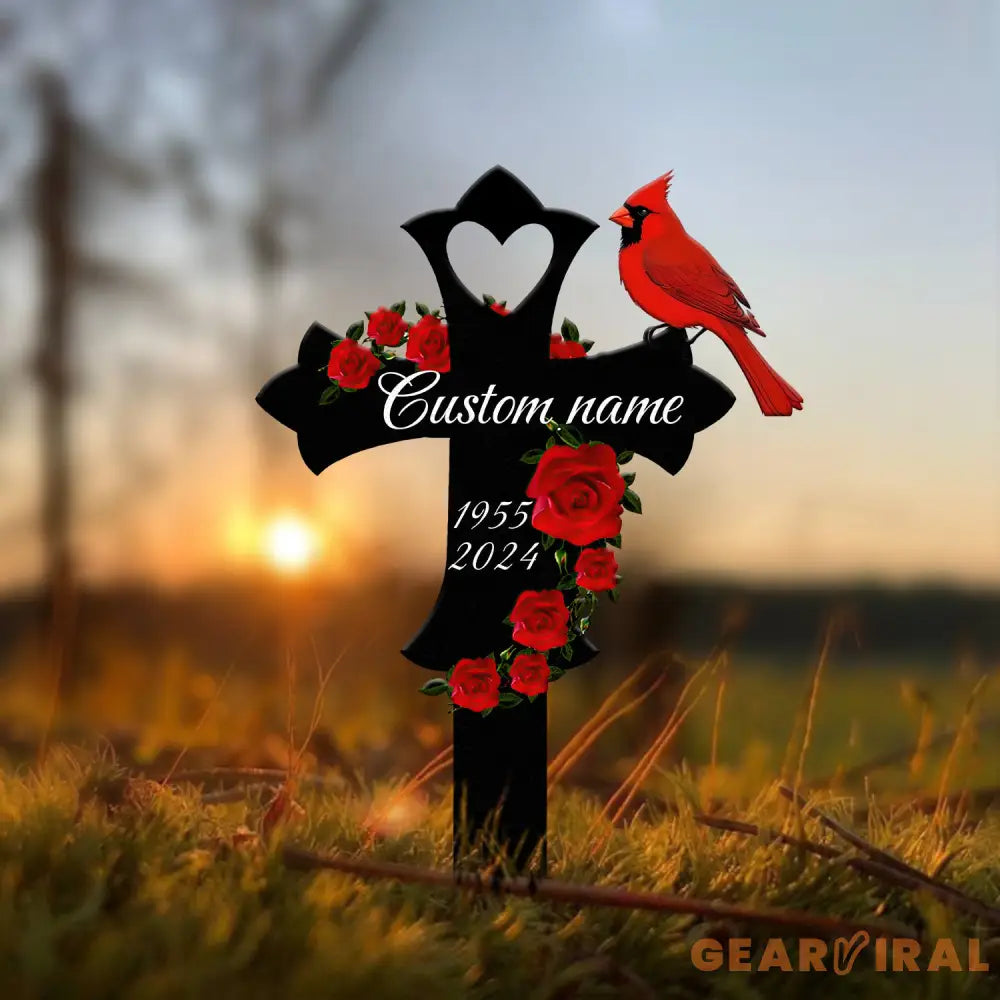 Custom Cardinal & Rose Memorial Cross Stake In Memory Cross Grave Marker Custom Cross Stake Sympathy Gift Remembrance