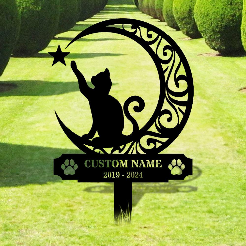 Custom Cat Breed Moon Metal Sign, Cat Memorial Plaque, Cat Grave Marker, Personalized Cat Garden Sign, Pet Loss Gift, Remembrance Stake