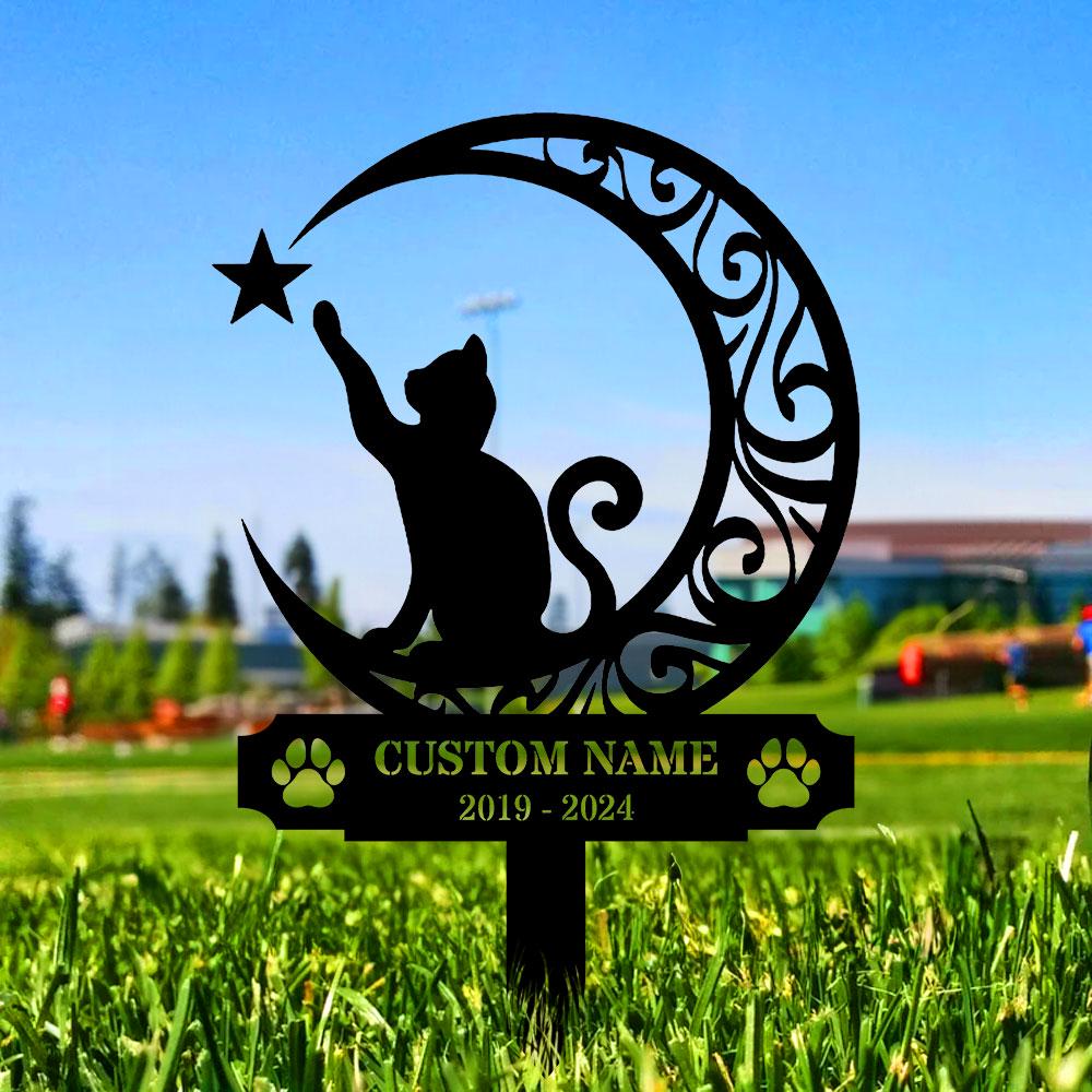 Custom Cat Breed Moon Metal Sign, Cat Memorial Plaque, Cat Grave Marker, Personalized Cat Garden Sign, Pet Loss Gift, Remembrance Stake