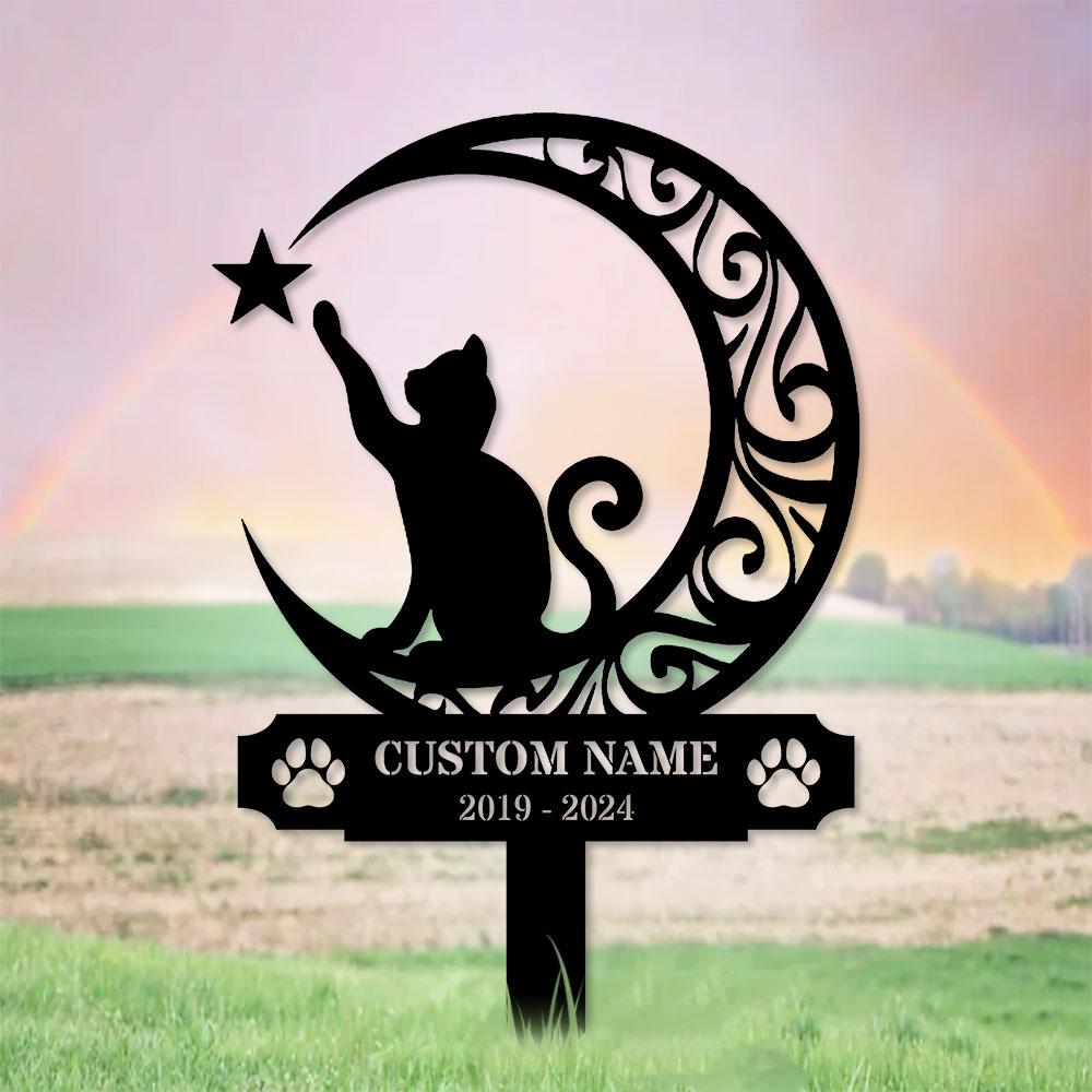 Custom Cat Breed Moon Metal Sign, Cat Memorial Plaque, Cat Grave Marker, Personalized Cat Garden Sign, Pet Loss Gift, Remembrance Stake