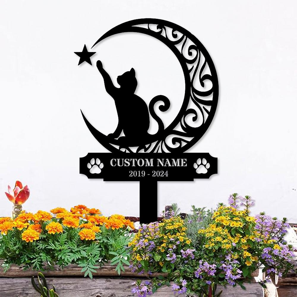 Custom Cat Breed Moon Metal Sign, Cat Memorial Plaque, Cat Grave Marker, Personalized Cat Garden Sign, Pet Loss Gift, Remembrance Stake