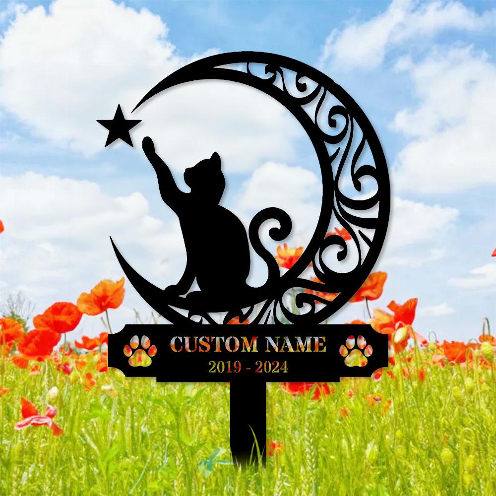 Custom Cat Breed Moon Metal Sign, Cat Memorial Plaque, Cat Grave Marker, Personalized Cat Garden Sign, Pet Loss Gift, Remembrance Stake