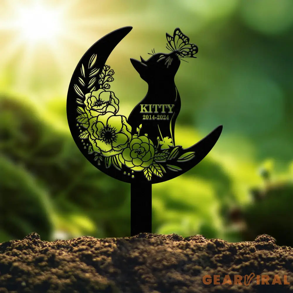 Custom Cat Grave Marker - Personalized Memorial Stake with Moon & Flowers Cat Name Garden Decor Metal Cat Loss Gift for