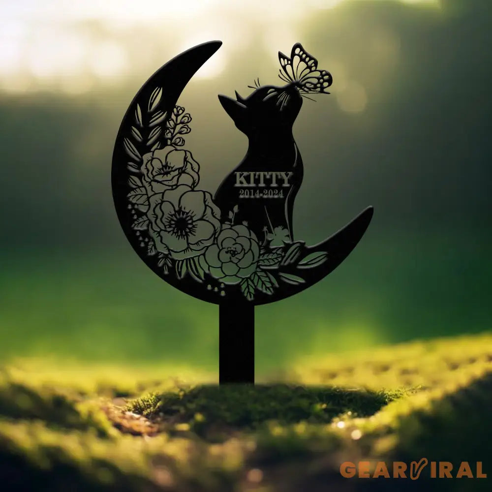 Custom Cat Grave Marker - Personalized Memorial Stake with Moon & Flowers Cat Name Garden Decor Metal Cat Loss Gift for