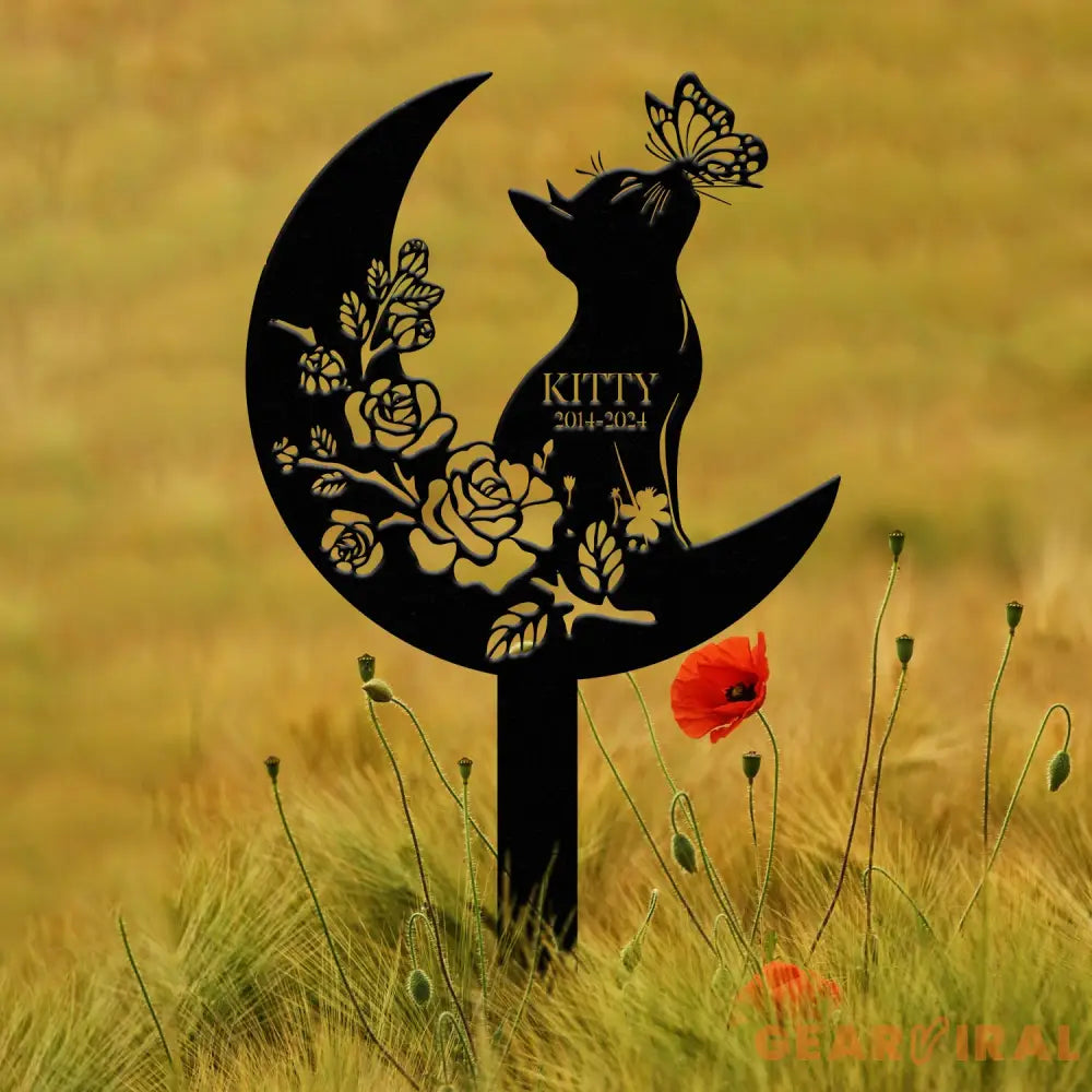 Custom Cat Grave Marker - Personalized Memorial Stake with Moon & Flowers Cat Name Garden Decor Metal Cat Loss Gift for