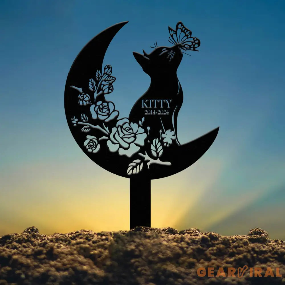 Custom Cat Grave Marker - Personalized Memorial Stake with Moon & Flowers Cat Name Garden Decor Metal Cat Loss Gift for