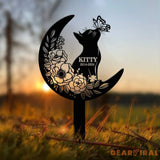 Custom Cat Grave Marker - Personalized Memorial Stake with Moon & Flowers Cat Name Garden Decor Metal Cat Loss Gift for