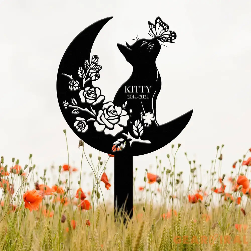 Custom Cat Grave Marker - Personalized Memorial Stake with Moon & Flowers Cat Name Garden Decor Metal Cat Loss Gift for