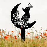 Custom Cat Grave Marker - Personalized Memorial Stake with Moon & Flowers Cat Name Garden Decor Metal Cat Loss Gift for