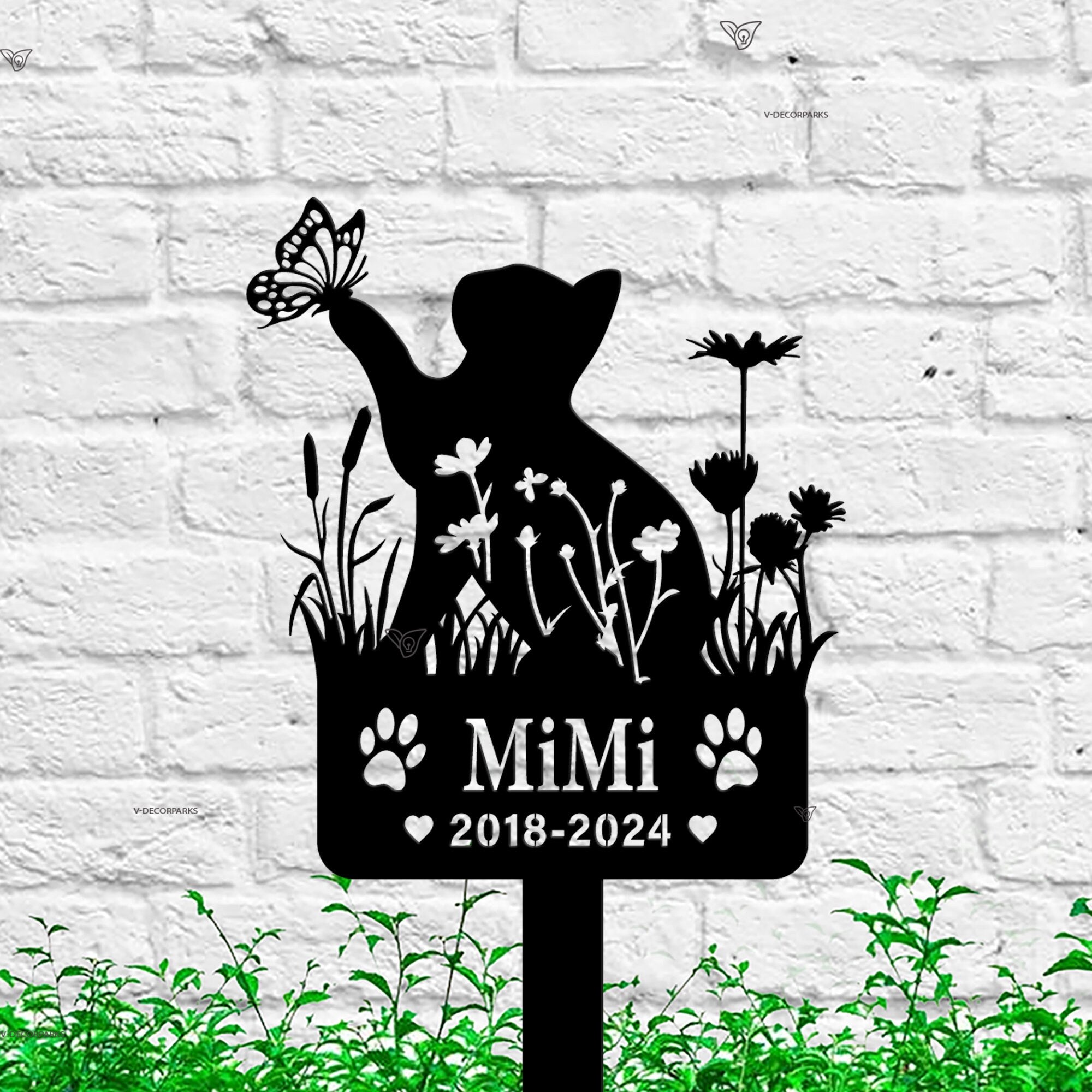 Custom Cat Memorial Stake - Personalized Cat Name Stake - Cat Garden Decor - Metal Spring Cat with Butterfly & Flowers Grave Marker | GearViral