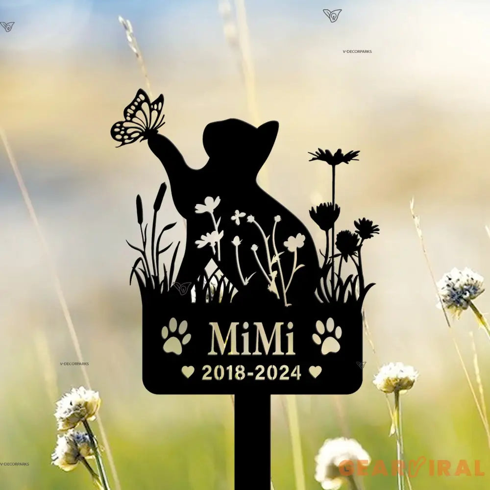 Custom Cat Memorial Stake - Personalized Cat Name Stake - Cat Garden Decor - Metal Spring Cat with Butterfly & Flowers