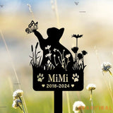 Custom Cat Memorial Stake - Personalized Cat Name Stake - Cat Garden Decor - Metal Spring Cat with Butterfly & Flowers